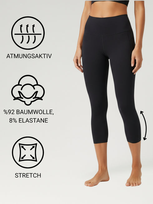COMEOR Leggings Damen 3/4 Atmungsaktiver Baumwolle - High Waist Caprihose, Kurze Sport Leggins, Radlerhose Elastische Blickdicht Yogahose Sporthose