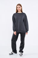 COMEOR Sweatshirt Damen Bequemer Oversize Pullover aus Baumwolle, Langarmshirt als Basic Pulli ohne Kapuze Regular Fit Dark Gray