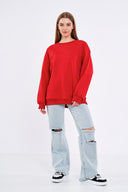 COMEOR Sweatshirt Damen Bequemer Oversize Pullover aus Baumwolle, Langarmshirt als Basic Pulli ohne Kapuze Regular Fit Red