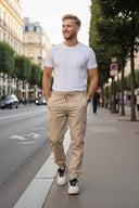 Cargohose Herren Stretch Relaxed Fit mit 6 Taschen und Kordelzug Beige